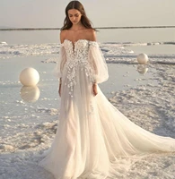 off the shoulder beach wedding dress 2022 long puff sleeves appliques floor length soft tulle lace bridal gowns sweep train