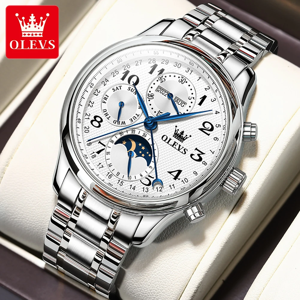 

OLEVS Perpetual Calendar Moon Phase Month Week 24Hour Waterproof Stainless Steel Self-wind Automatic Mechanical Watch Men 6667