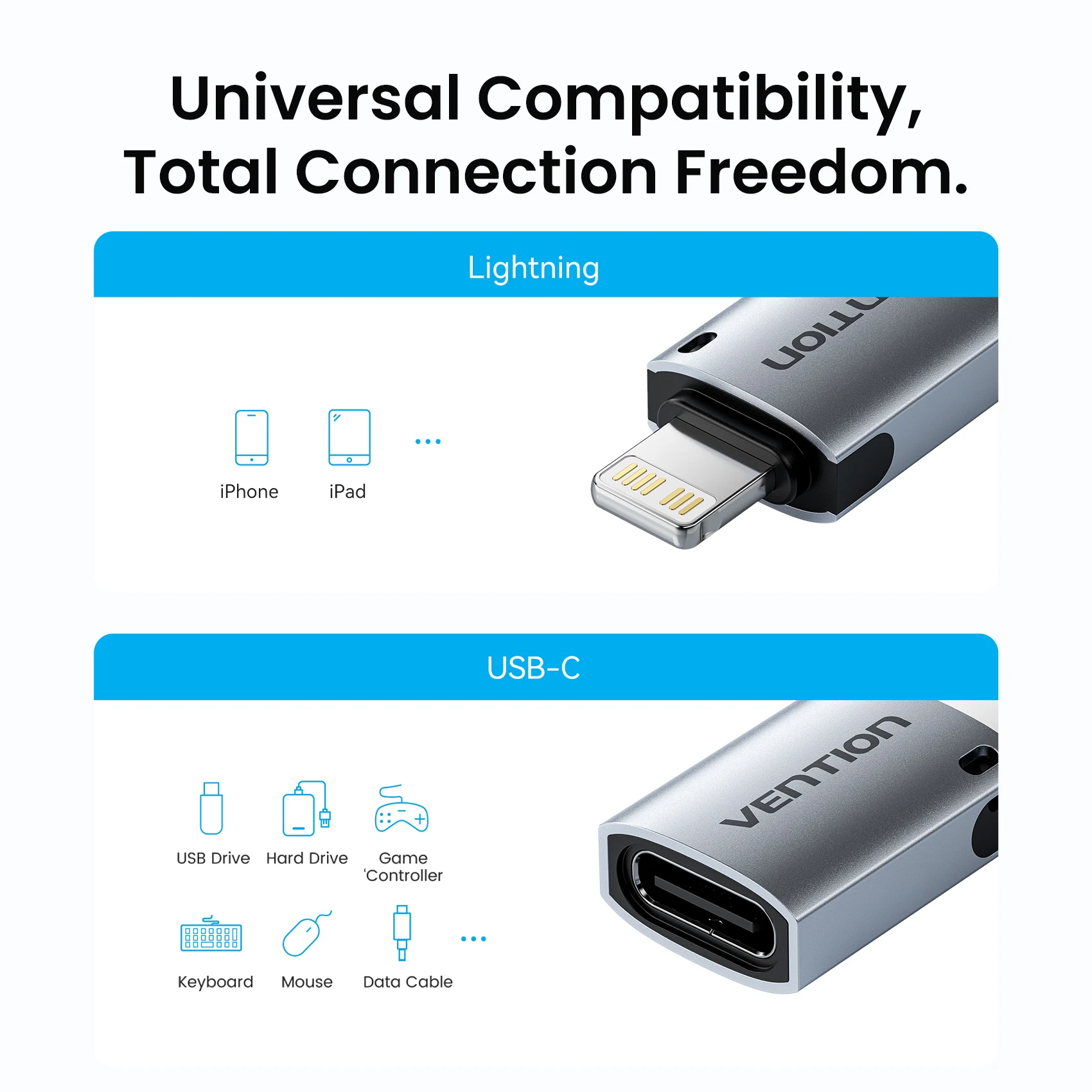 Адаптер Vention Lighting to USB C OTG, переходник USB-C (женский) на Lightning (мужской) для iPhone 14, 13, 12, разъем Lightning USBC OTG (art.: 3920d96021d4b) - 3920d96021d4b