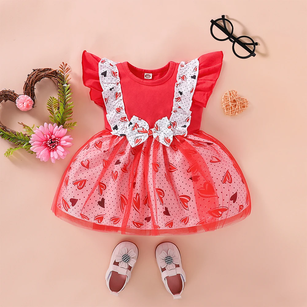 

Baby Girls Summer Dresses Geometric O-Neck Cotton Woven Sleeveless Valentine's Day Fashion Ruffle Pullover Fit&Flare Mesh Dress