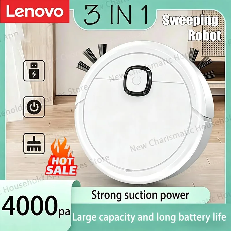 Фото Робот-пылесос Lenovo 3-в-1 с функцией влажной уборки, мощность всасывания 4000 Па, моющаяся насадка для уборки шерсти животных, идеально подходит для твердых полов, дома, кухни, комнат. №1