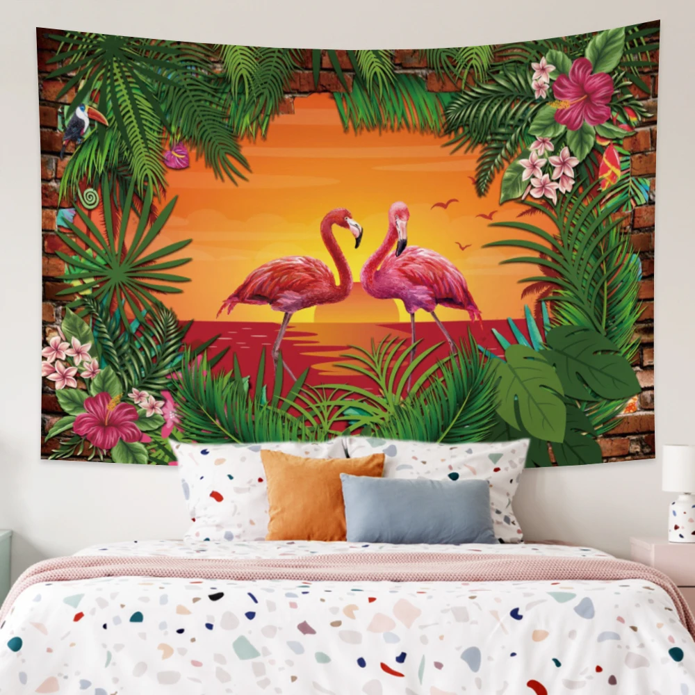 

Flamingo Tropical Forest Flower Tapestry Dusk Sunset Bohemian Wall Hanging Blanket Travel Yoga Beach Mat Dorm Decor Tapestries