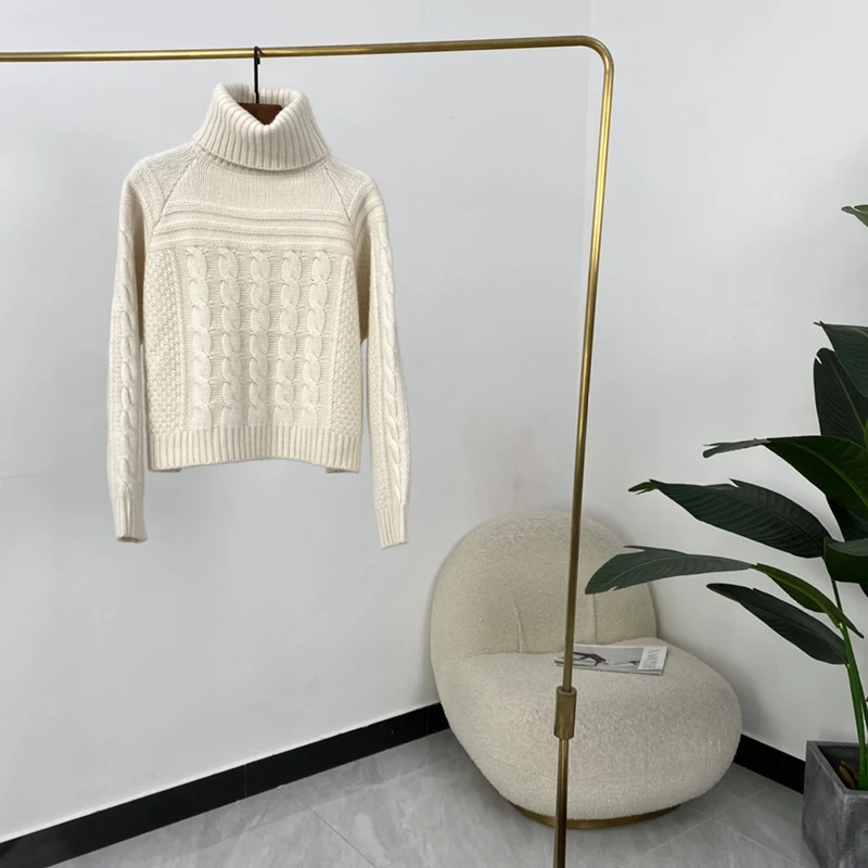 

Thick Warm Sweaters Women 2021 Winter Top Quality Designer Fashion Style Solid Beige Navy Blue Turtleneck Pullovers