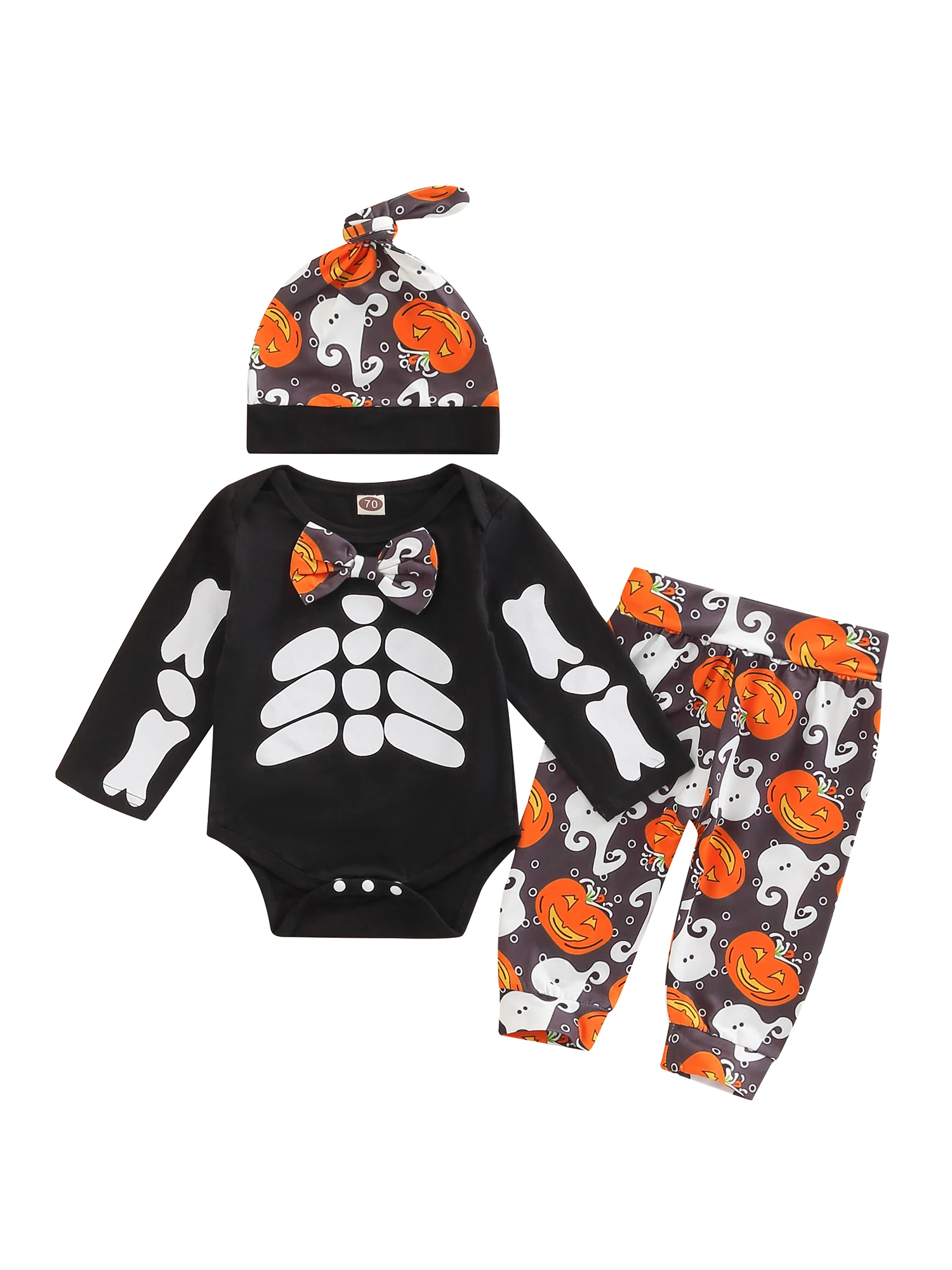 

3Pcs Baby Boy Halloween Outfit Long Sleeve Snaps Romper Pumpkin Ghost Print Long Pants Hat Set for Infants