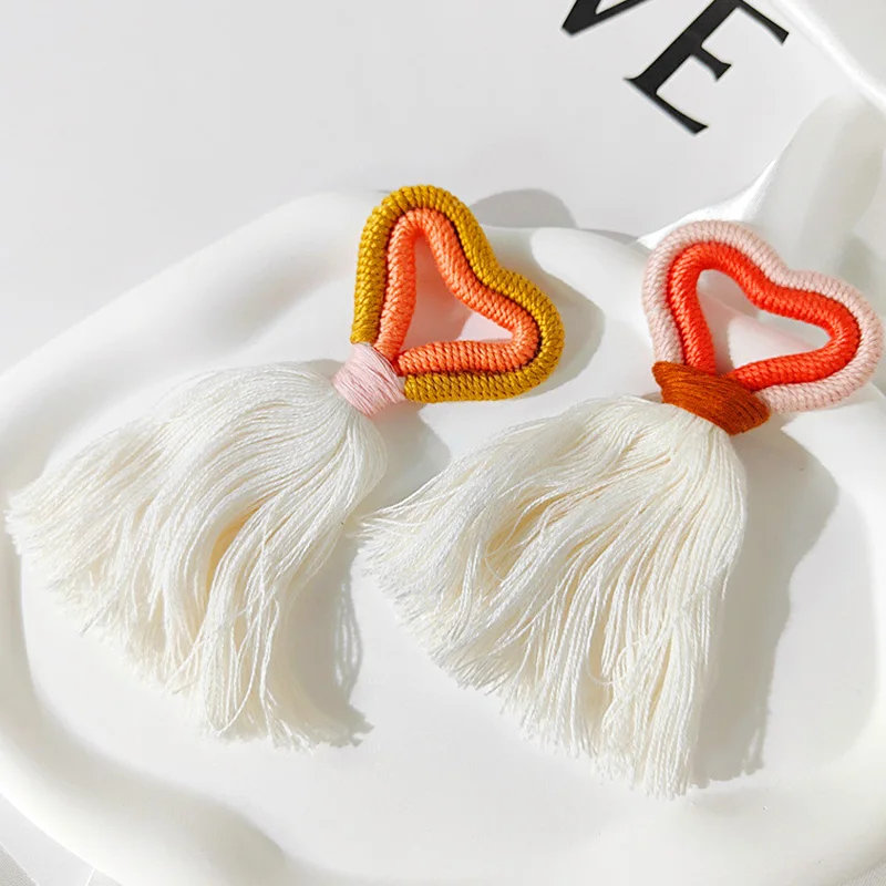 Handmade Woven Cotton Rope Love Heart Tassels Couple Keychain Bag Accessories Fringe Macrame Car Drops Rings Valentine's Gift