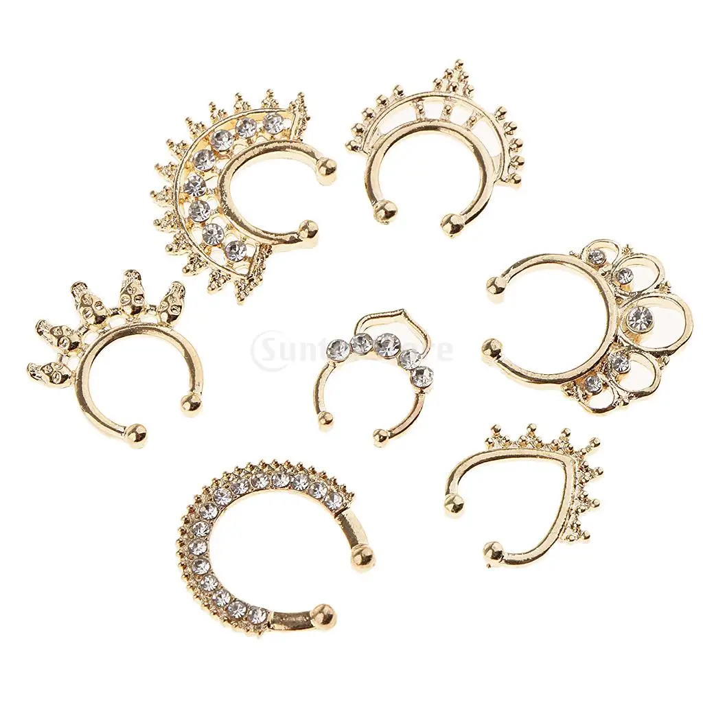 21pcs Nose Fake Septum Ring Clip On Body Jewelry Faux Hoop Ring Rhinestone images - 6