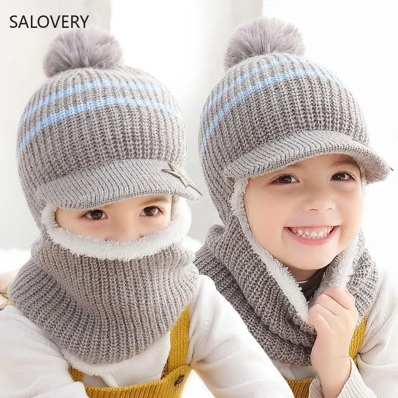 

New Kids Winter PomPom Beanie Hats Baby Girls and Boys Hat with Thicken and Keep Warm Fleece Lining Baseball Caps for Kids