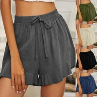 women fashion solid basic short pants cotton linen shorts high waist ruffles casual sports