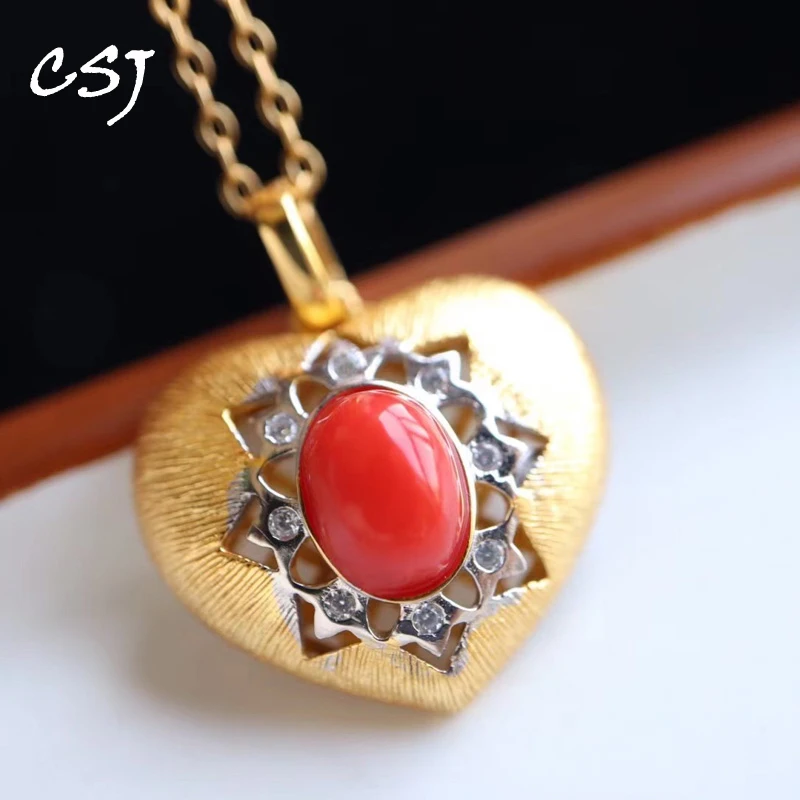 

CSJ Red Coral Pendants Sterling 925 Silver Matural Nanhong Gemstone 5*7mm Necklace for Women Birthday Party Jewelry Gift