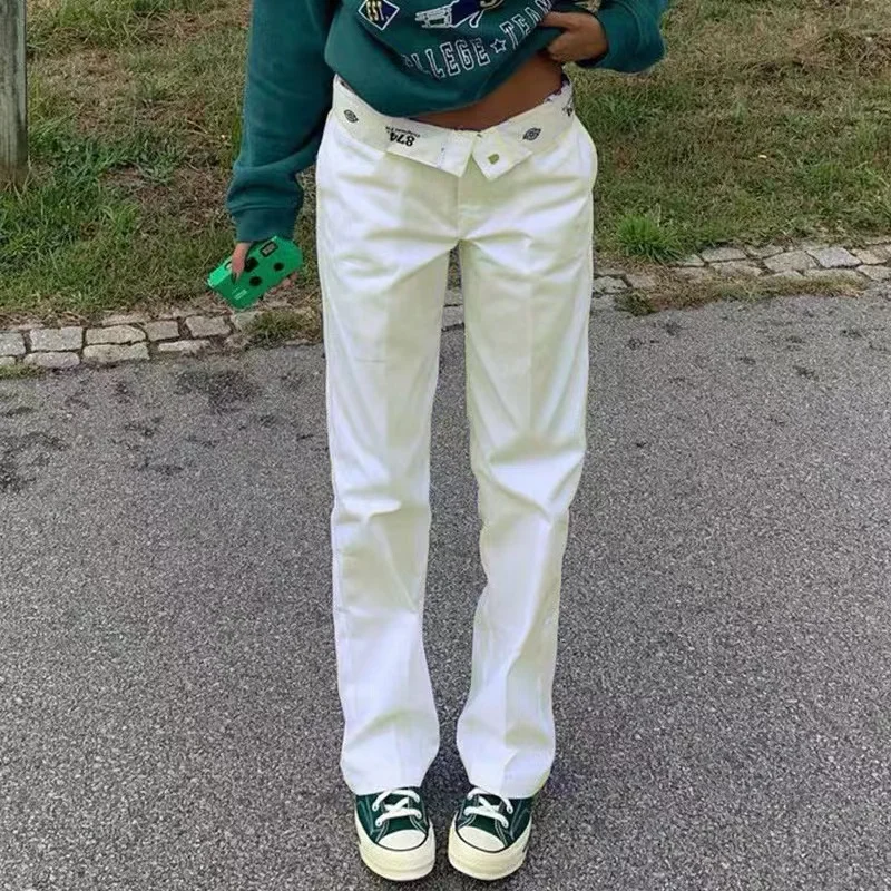 

New Spring Street Shot Women Pants Fashion Waist Flanging Letter Printing Casual Pantsuits Vintage Cotton Straight Trousers