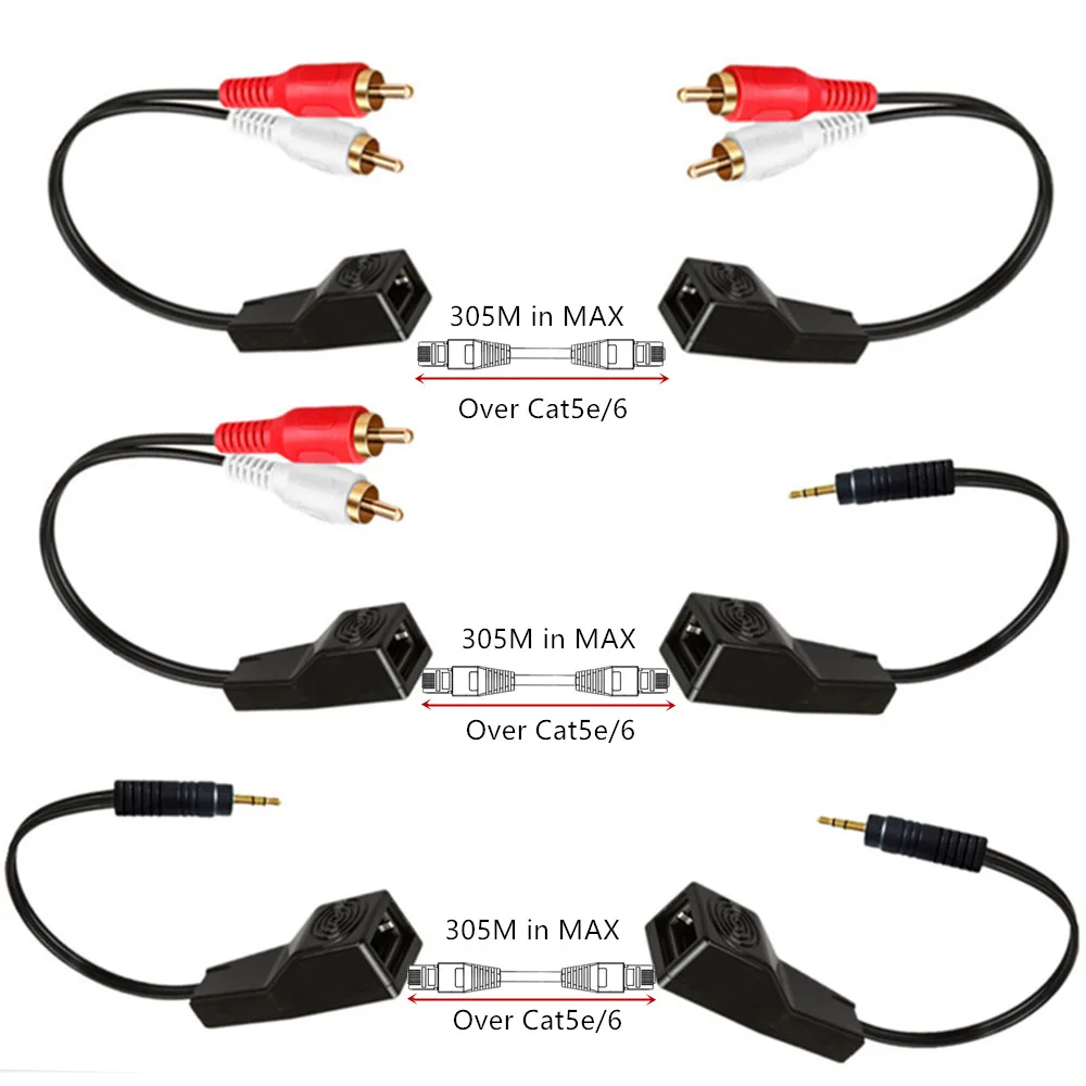 Стерео-аудиосигнал DC мм, стерео и RCA, красный, белый аудиосигнал, через Cat5/6 кабель; RJ45, Женский к DC мм и 2 * RCA аудиокабель