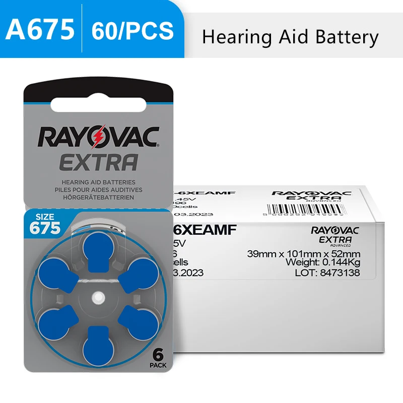 

Аккумуляторы для слуховых аппаратов Rayovac Energy Zinc Air 675A 675 A675 PR44, 60 шт., долговечная батарея для усилителя звука, мини-слухового аппарата