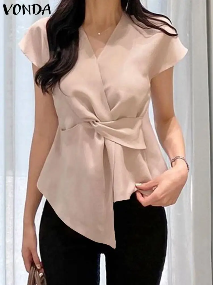 

VONDA Women Elegant Office Blouse 2023 OL Shirts Summer Short Sleeve Pleated Tunic Casual Tops Sexy V-Neck Solid Color Blusas