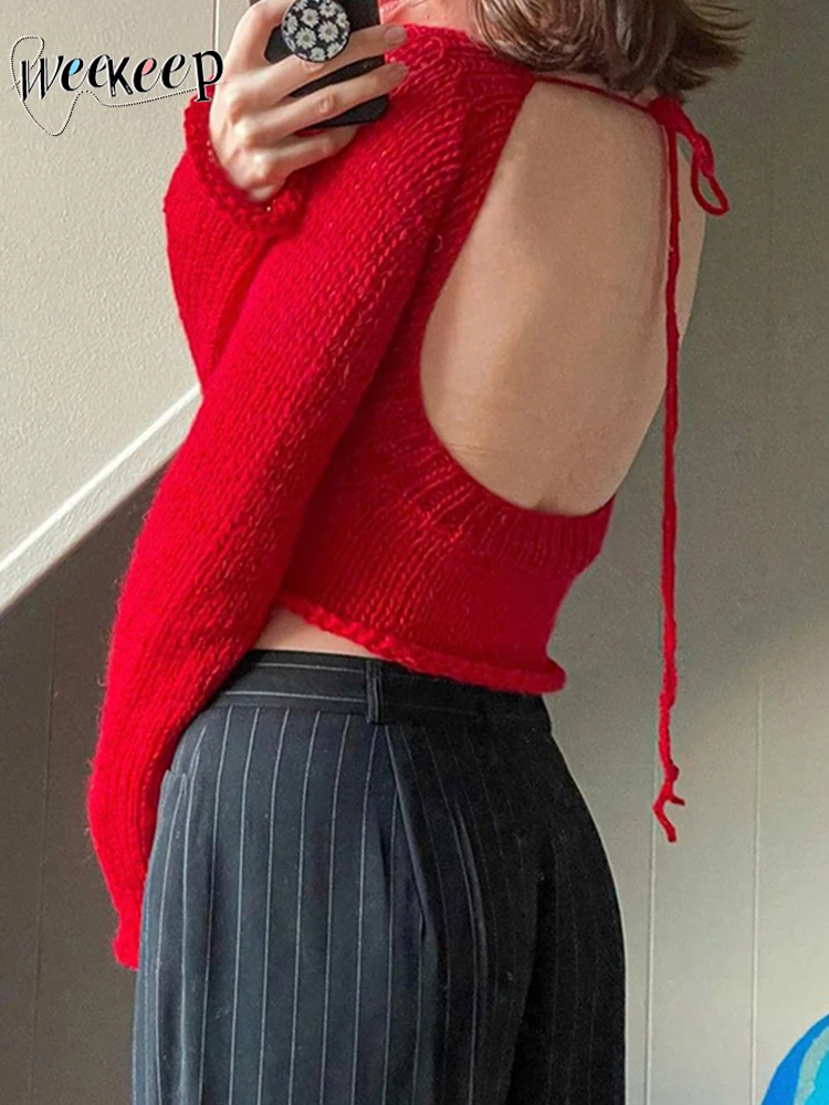 

Weekeep Sexy Backless Sweater Vintage y2k Full Sleeve Bandage Red Jumpers Women Chic Autumn Pullovers Harajuku Knitwears Ladies