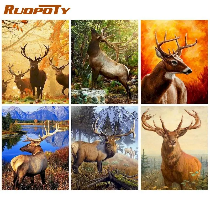 Купи RUOPOTY Deer Animal digital oil painting set zero-based hand-painted animals on canvas colorful digital home wall art decoration за 367 рублей в магазине AliExpress