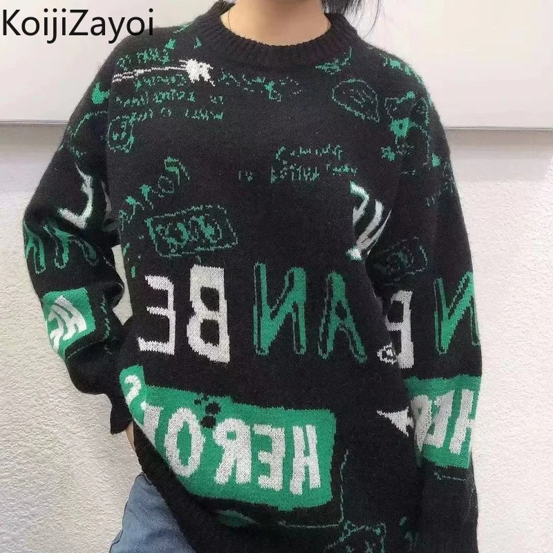 

Женский Повседневный свободный свитер Koijizayoi с буквенным принтом, офисные женские винтажные толстые теплые пуловеры, корейский джемпер с круглым вырезом для осени и зимы
