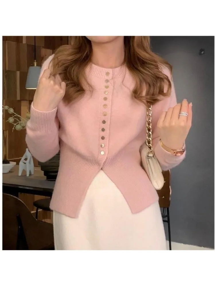 Корейский Женский Приталенный Трикотажный Кардиган С Длинными Рукавами И
