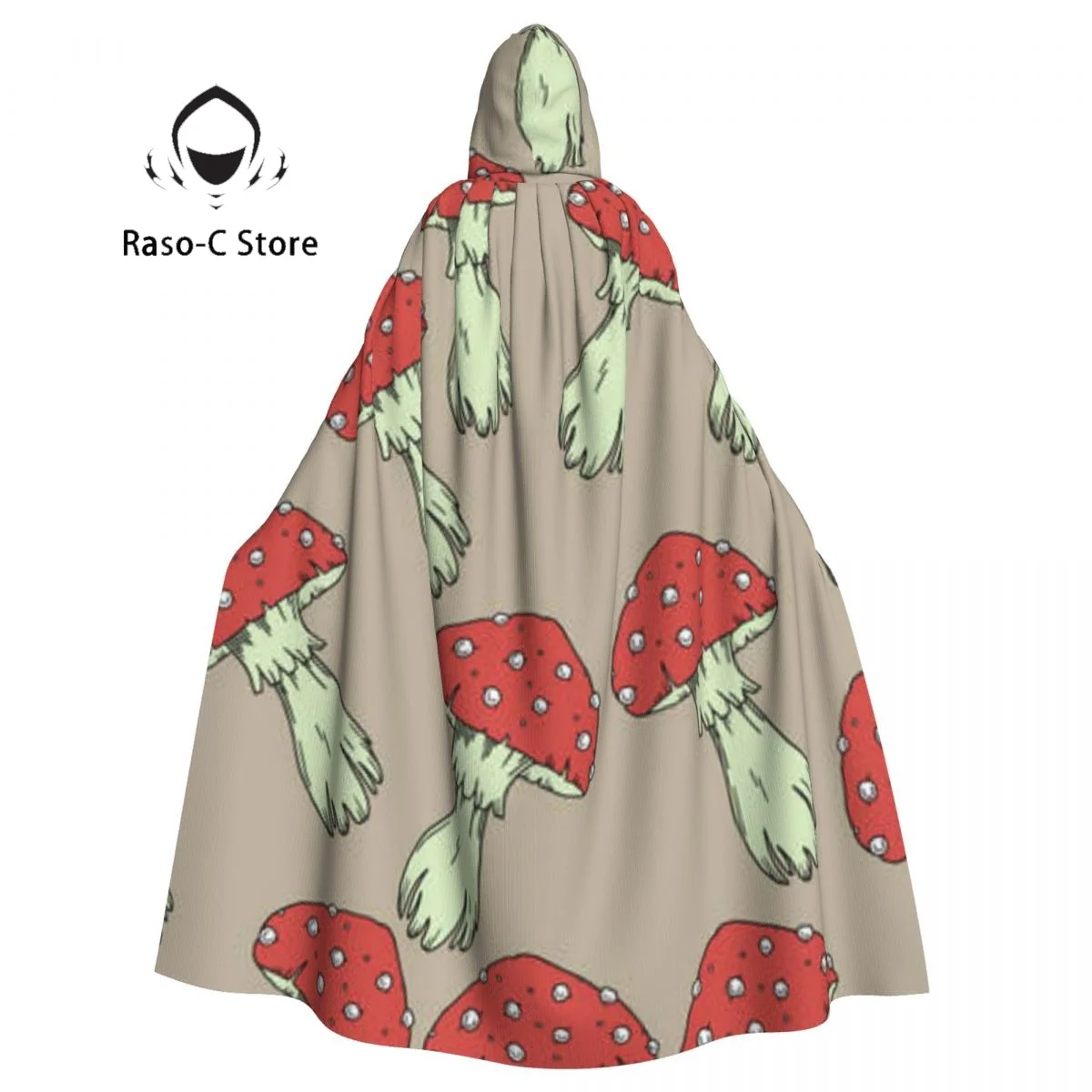 Длинная накидка плащ с капюшоном и агарическим рисунком грибов пальто осенние