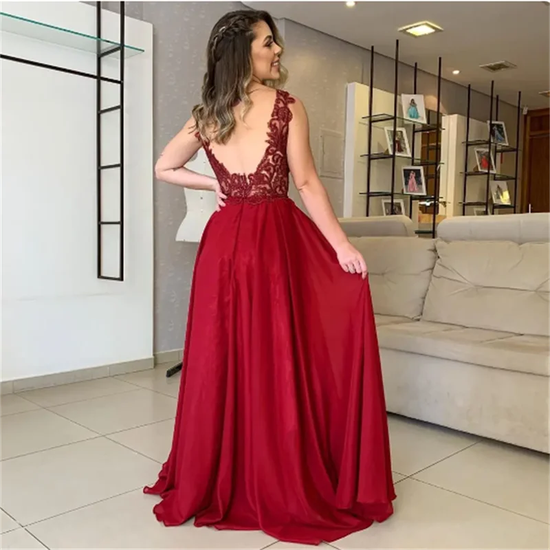 

2023 V Neck ChiffonWine Red Prom Dresses Appliques Lace Evening Dress for Special Occasion