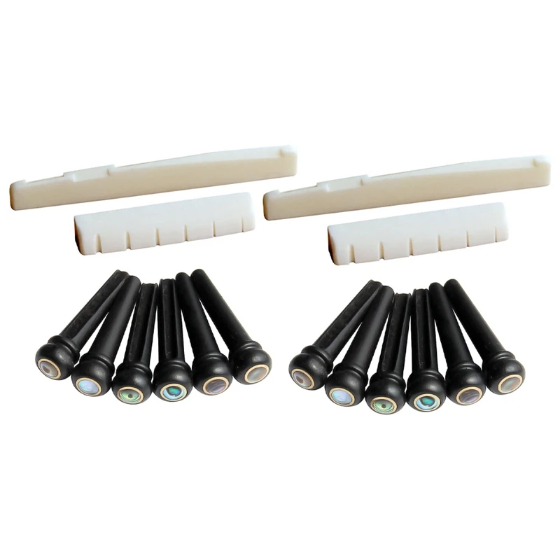 

2X 6 String Acoustic Guitar Bone Bridge Saddle And Nut And 12Pcs Ebony Guitar Bridge Pins White+Black