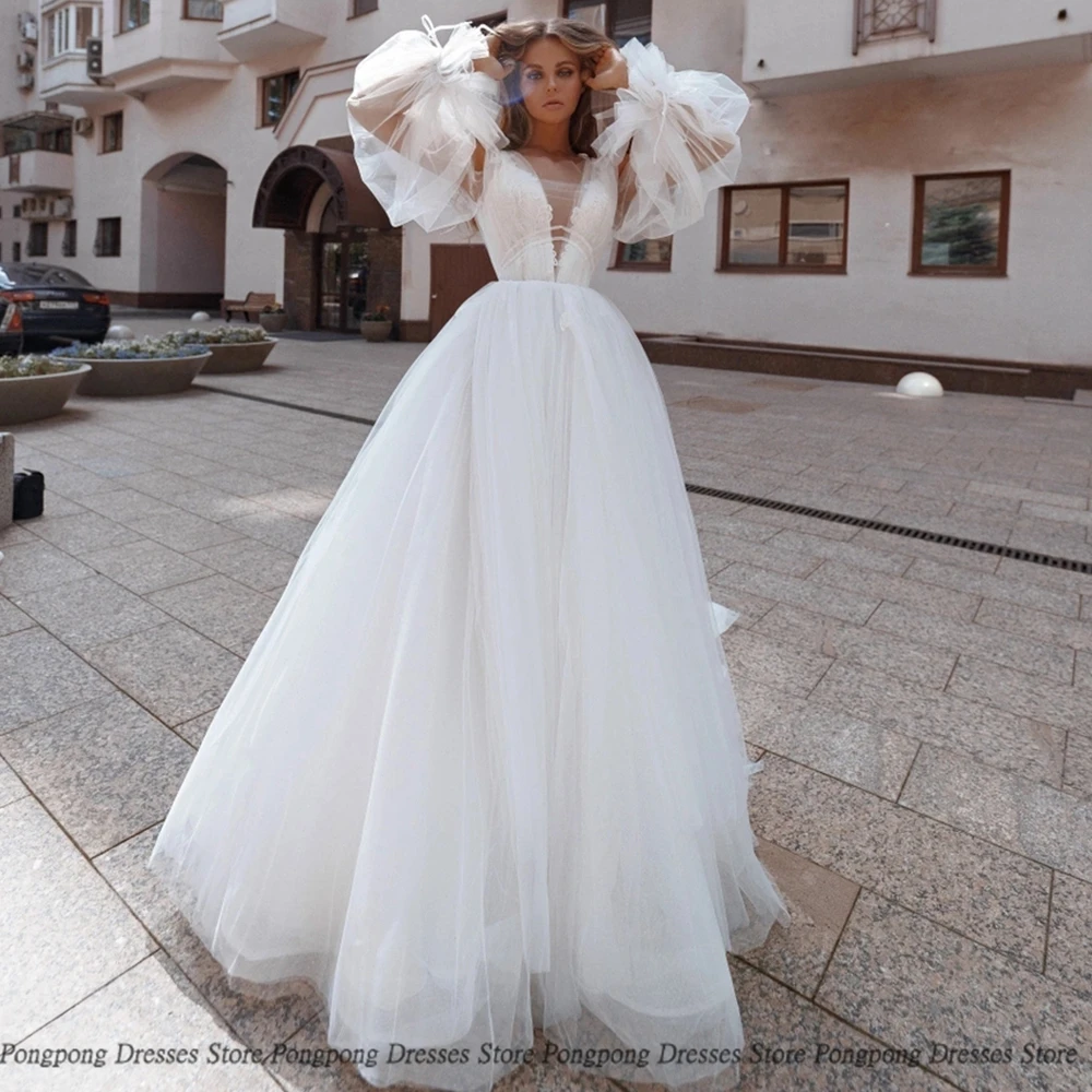 

High Quality A Line Wedding Dresses Sleeveless Open Back Puff Sleeve V Neck Draped 2022 Summer Floor Length Gowns Robe De Ma