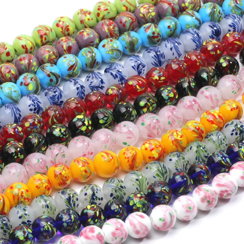 Круглые разноцветные стеклянные бусины 12 мм элегантные шарики с узором в виде