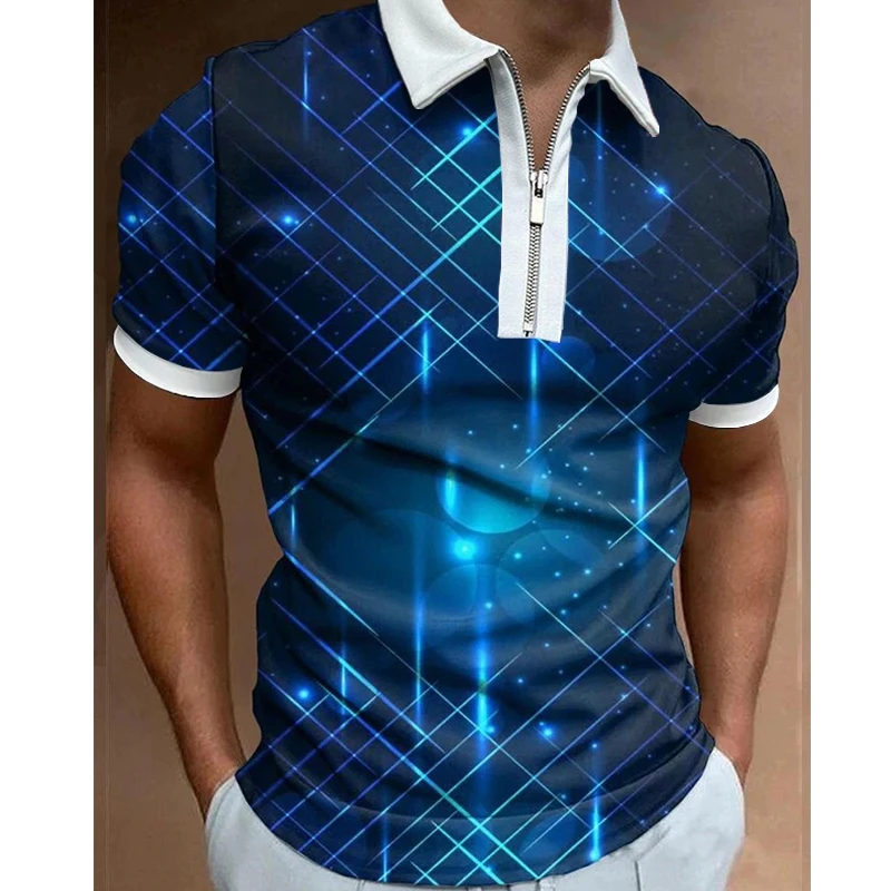 

Summer Men's Clothes Polo Shirts Casual Turn-Down Collar Zipper Golf Wear Starry Sky Print Short Sleeve Tee Shirt Men Polos Tops