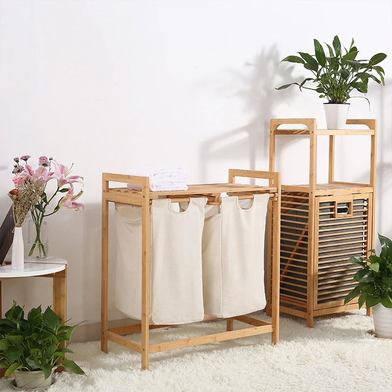 

Bamboo Double Draw Type Dirty Laundry Baskets Home Cloth Division Children's Laundry Basket Large Capacity Bathroom Shelf