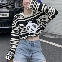 cute cartoon panda pearl applique short t shirt female vintage stripe chic tee loose sweet sexy t shirt summer crop top