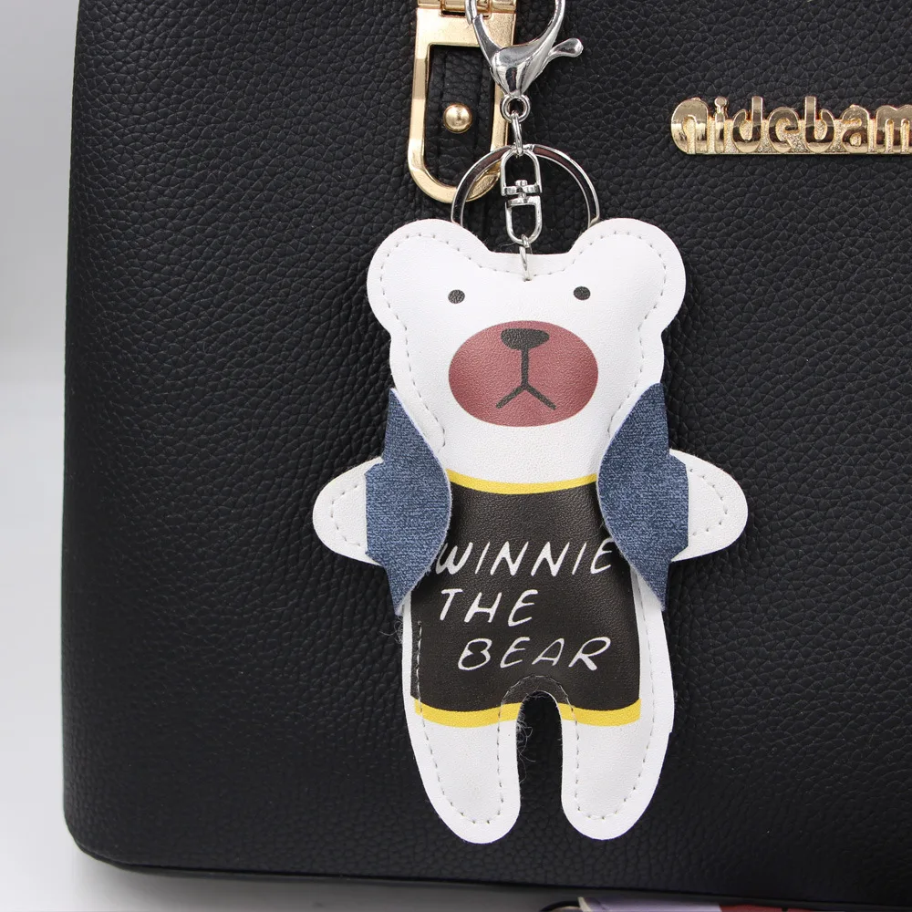 

Winnie The Bear Keychain Personality Wear Denim White Mini Cartoon Key Ring Creative Animal Pendant Handmade Leather Accessories
