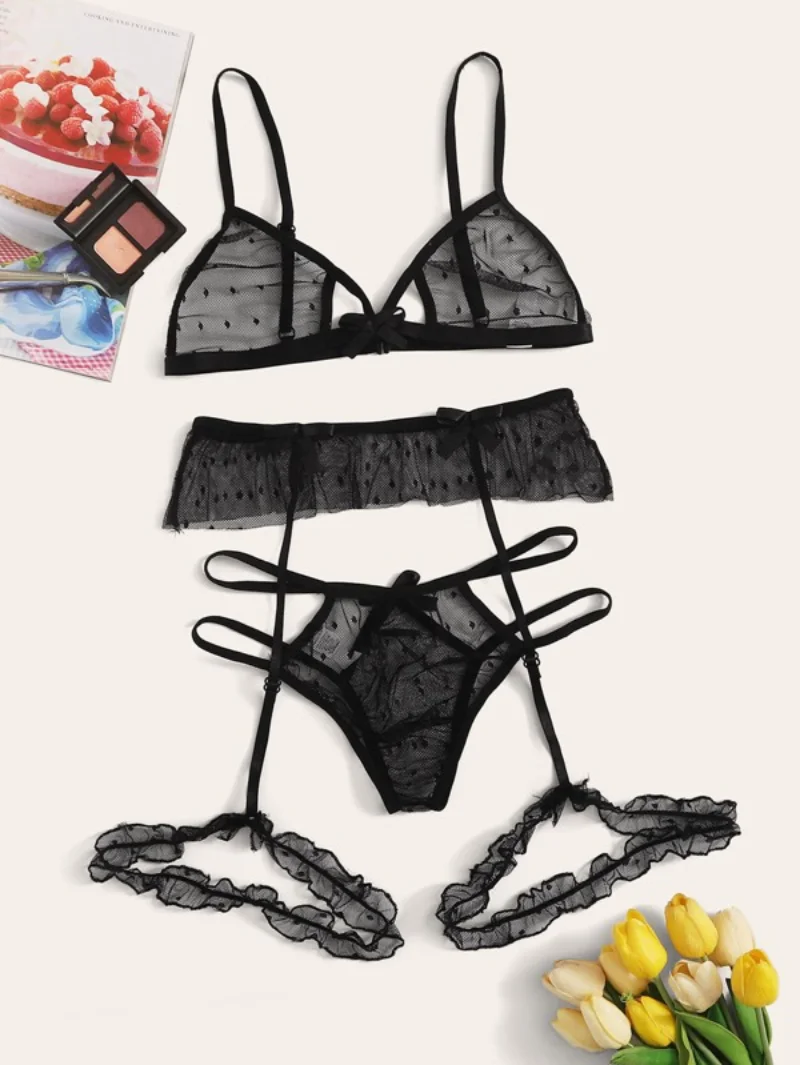 

Sexy Bra Set Transparent See Through Bra and Panty Set with Garter Perspective Mesh Lace Lingerie Set Ladies Underwear Set