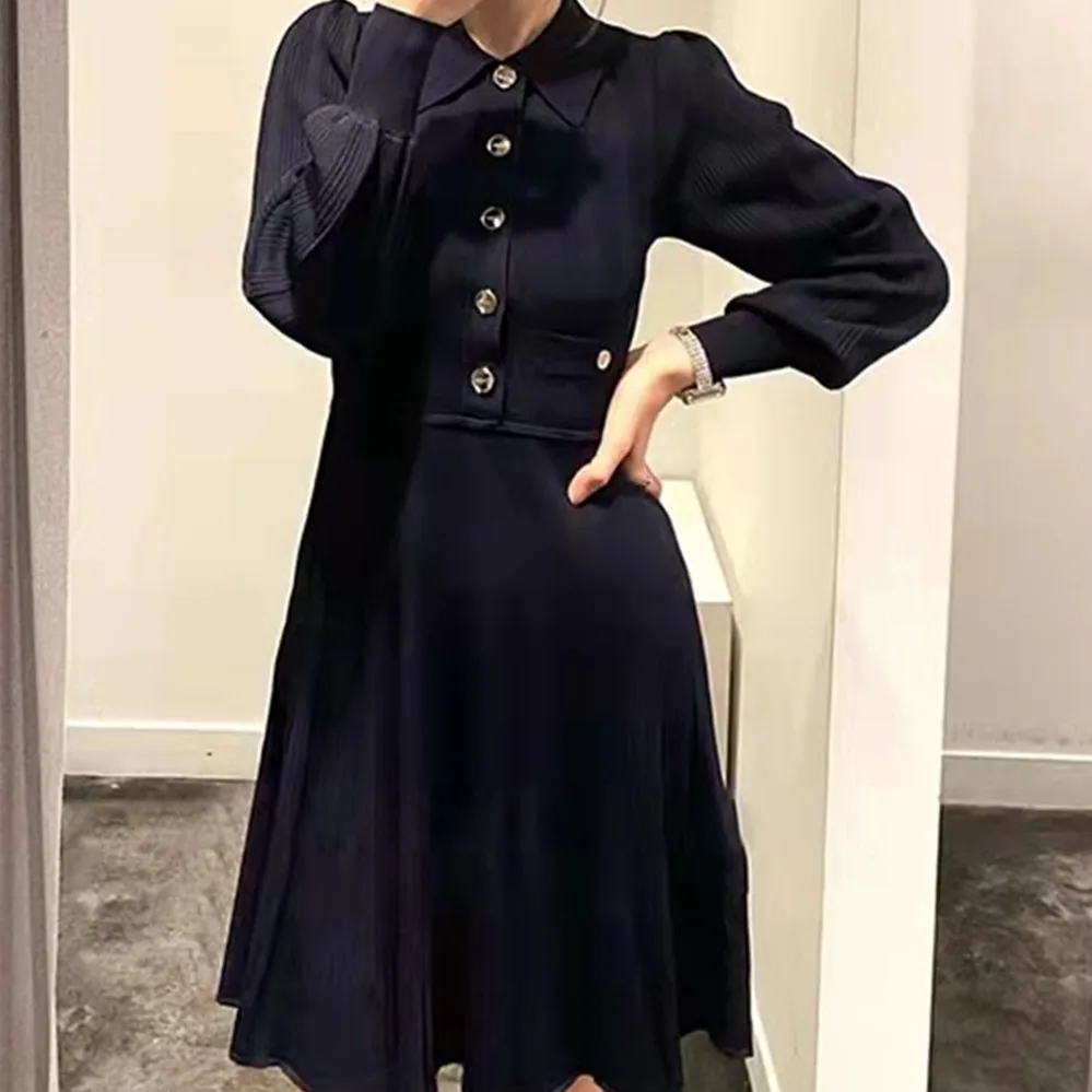 

Женское трикотажное платье с высокой талией, элегантное Плиссированное праздничное платье с отложным воротником и длинным рукавом, весна-л...