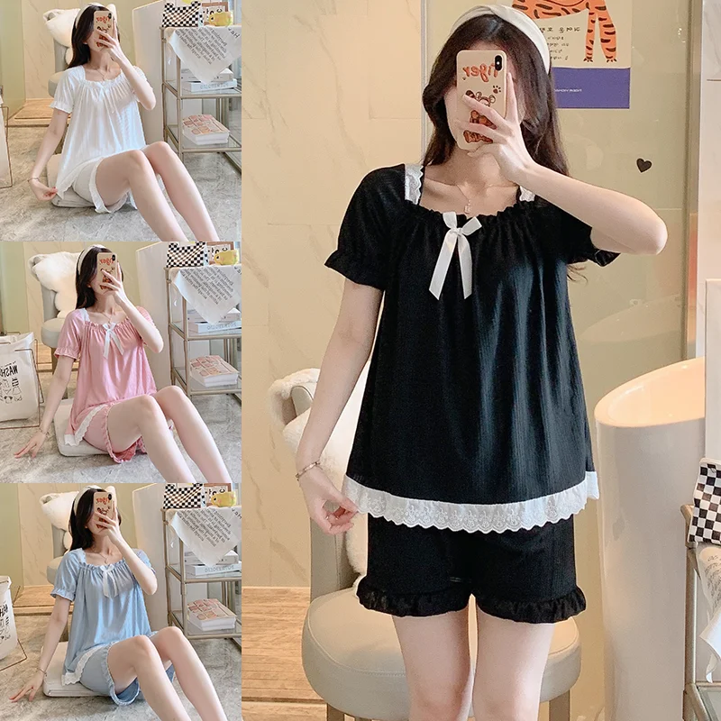

Женская летняя Пижама с коротким рукавом, комплект из 2 предметов, одежда для сна, шорты, тонкая Милая однотонная домашняя пижама большого ра...