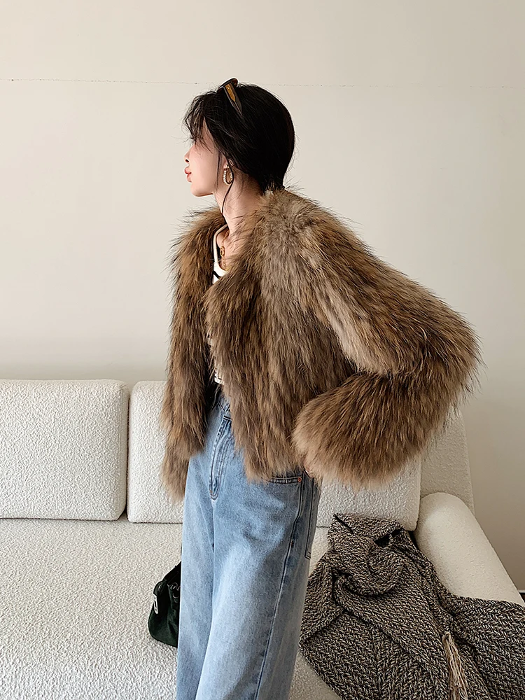 Ins Raccoon Fur Woven Real Fur Coats and Jackets Women Women's Ultra-short Winter New Real Fur Coat Women Streetwear Women