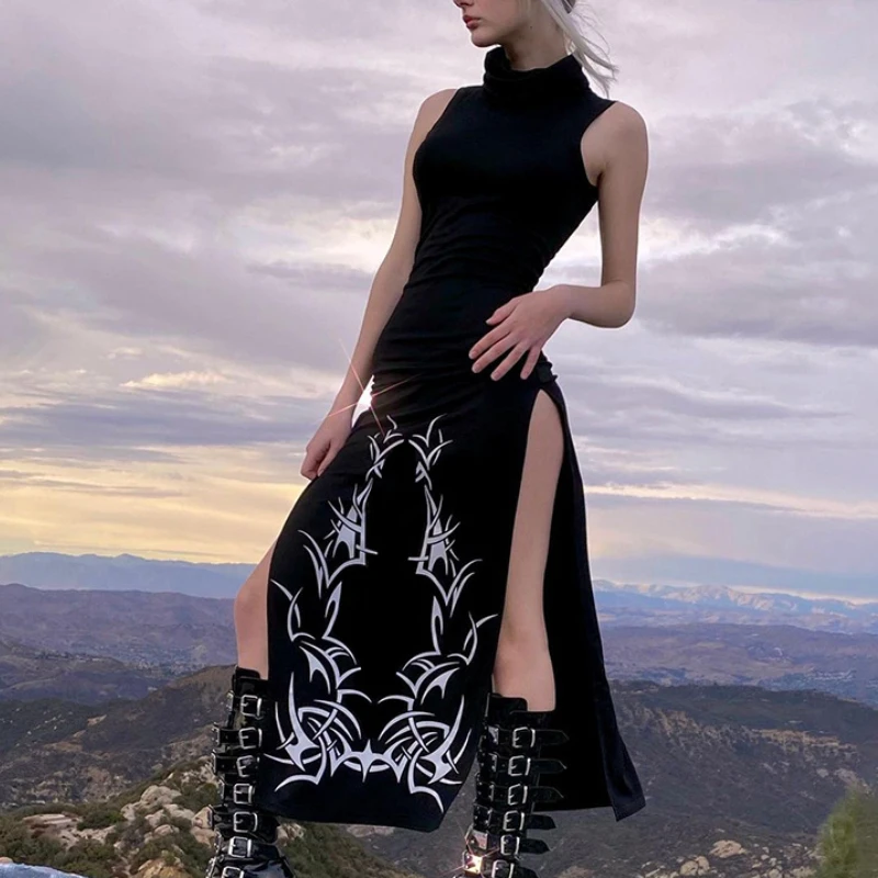 

Женское длинное платье без рукавов, соблазнительное облегающее платье в темном стиле с высоким воротником и высоким разрезом, черное плать...