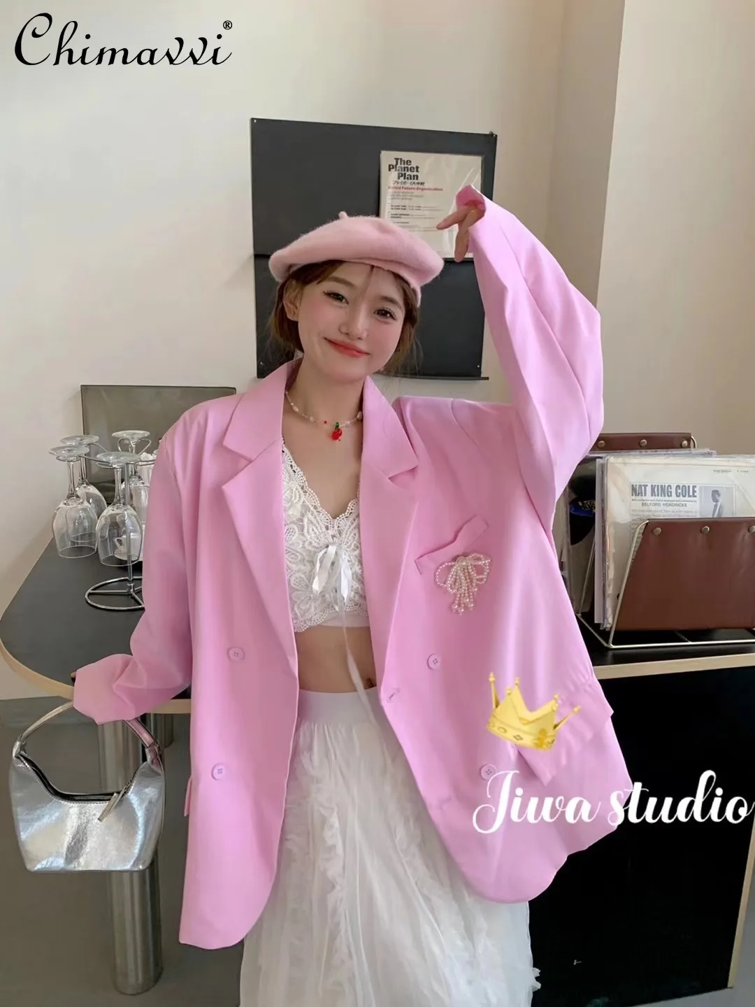 

2022 Autumn Clothes New Fashion Pink Long Sleeve Loose Suit Jacket Sweet and Loose Temperament All-matching Coat for Women