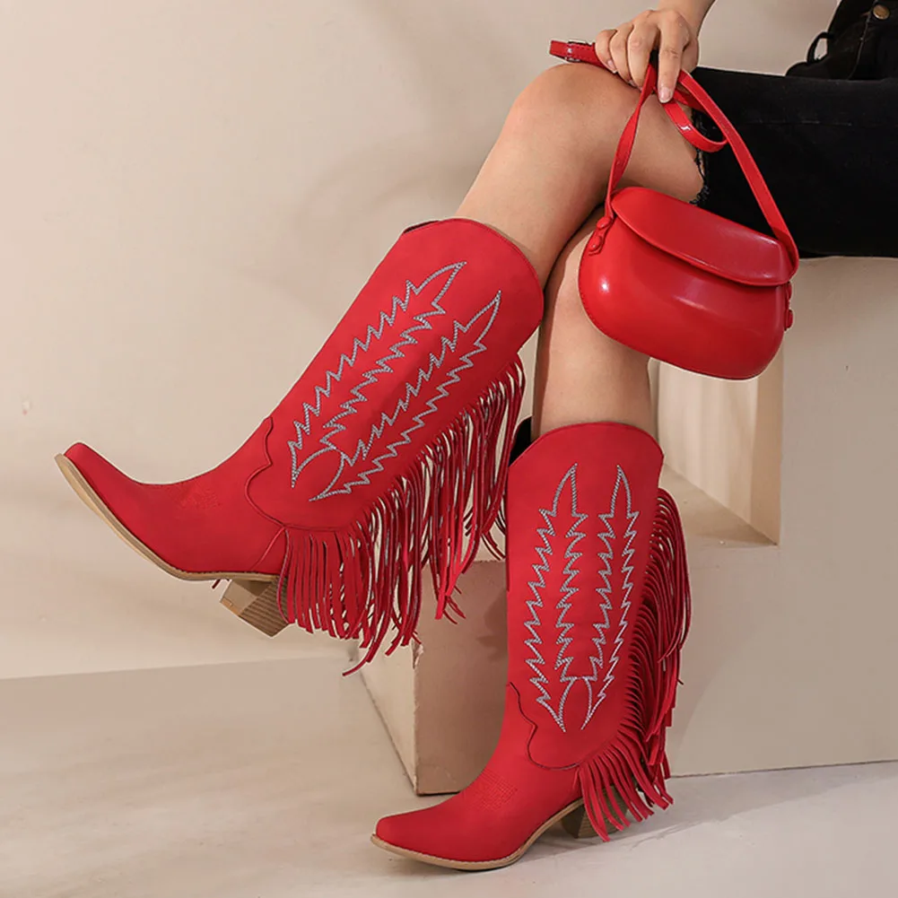 

AOSPHIRAYLIAN Western Cowboy Fringes Tassels Boots For Women2023 Punk Rock Knight Retro Cowgirl Women's Shoes Boots