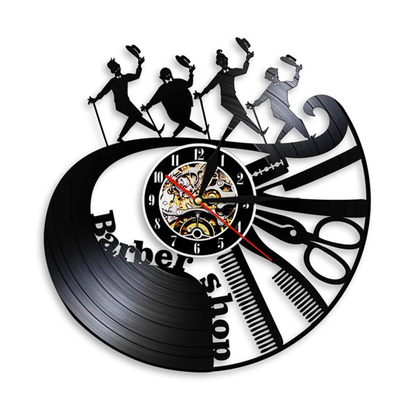 Barber Shop Tools Wall Clock Comb Scissor Razor Hairdresser Vinyl Record Clock Hairstylist Gentlemen Decorative Clock Wall Watch
