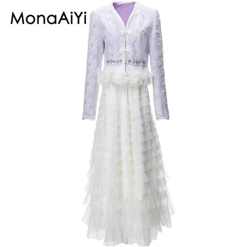 Женский костюм с вышивкой MonaAiYi дизайнерский фиолетовый топ V-образным вырезом