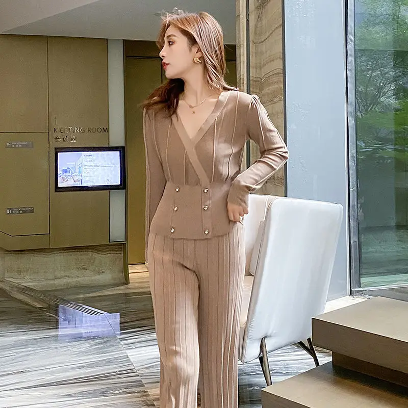 

Women 2022 Spring Autumn New Knitted Suits Female V-neck Sweater Tops + Loose Wide Leg Pants Ladies Clothes 2 Piece Sets D250