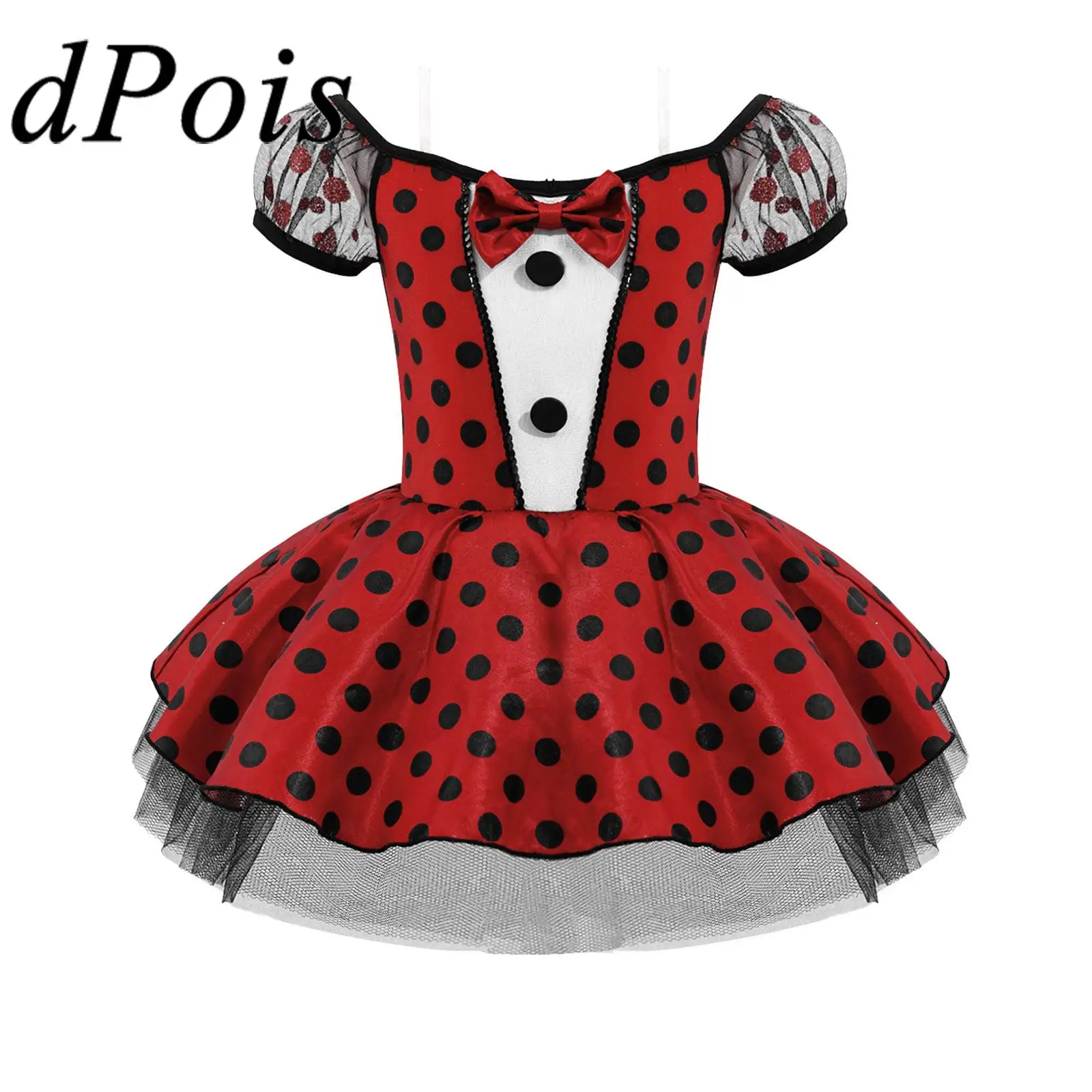 

Polka Dots Tutu Dress Kids Girls Red Christmas Costume Off Shoulder Ballet Gymnastic Leotards Halloween Insect Dress Up Clothes