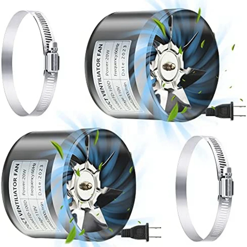 

2 Pack 4 Inch Inline Duct Fans With Duct Clamps,110 CFM Ventilation Exhaust Fans HVAC Vent Blowers For Grow Tent US Plug