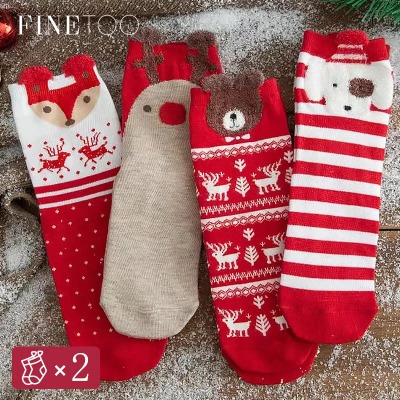 

Рождественские Мультяшные носки FINETOO 2 пары/упр, женские милые чулки с Санта Клаусом, оленем, медведем, новый год 2023