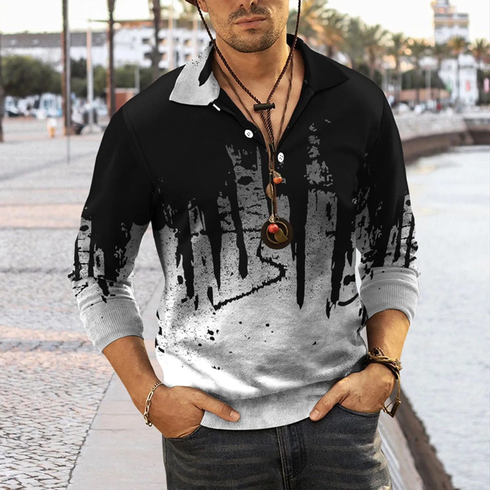 

Футболка-поло мужская градиентная, Повседневная рубашка с длинным рукавом, на пуговицах, уличная одежда для гольфа, осень