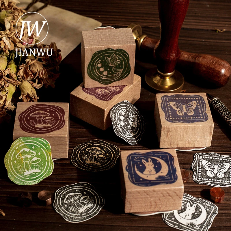 

JIANWU Wooden Hand Drawn Fire Paint Stamp DIY Vintage Journal Material Rubber Seals Scrapbooking Decoration Stationery Supplies