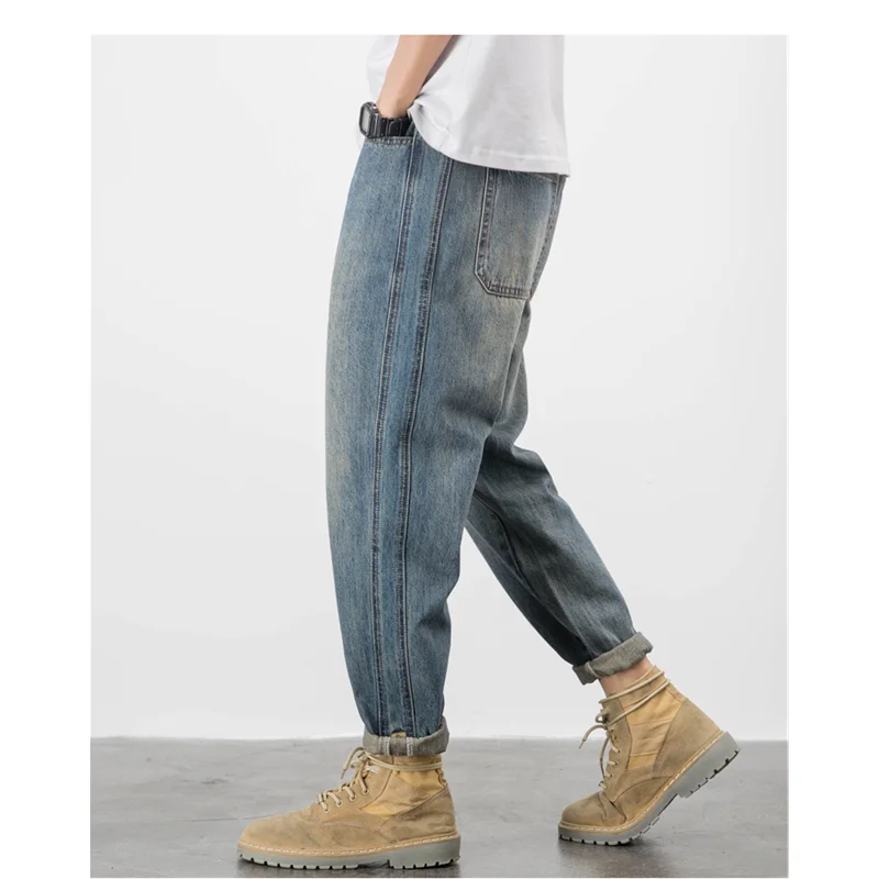Streetwear Men New Pattern Vintage Recreational Martin Boots Pants Straight Cylinder Comfortable Loose Blue Jeans Autumn Female
