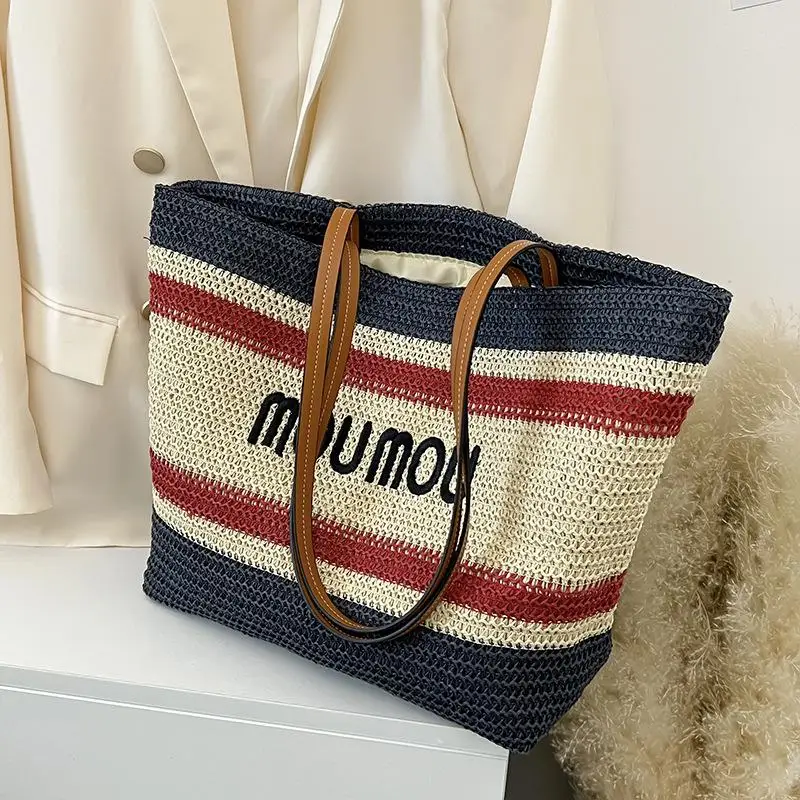 

Casual Striped Straw Women Shoulder Bags Letters Paper Woven Lady Handbags Handmade Sunmer Beach Large Tote Bag Big Purses 2022