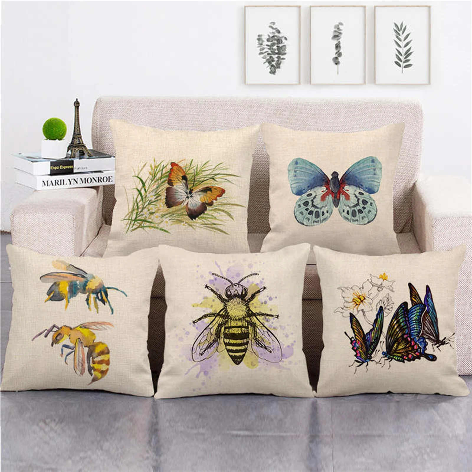 

Fuwatacchi Butterfly Bees Photo Pillow Case Linen 45x45cm Printed Cushion Cover Decorative Pillowcases for Home Sofa Window Seat