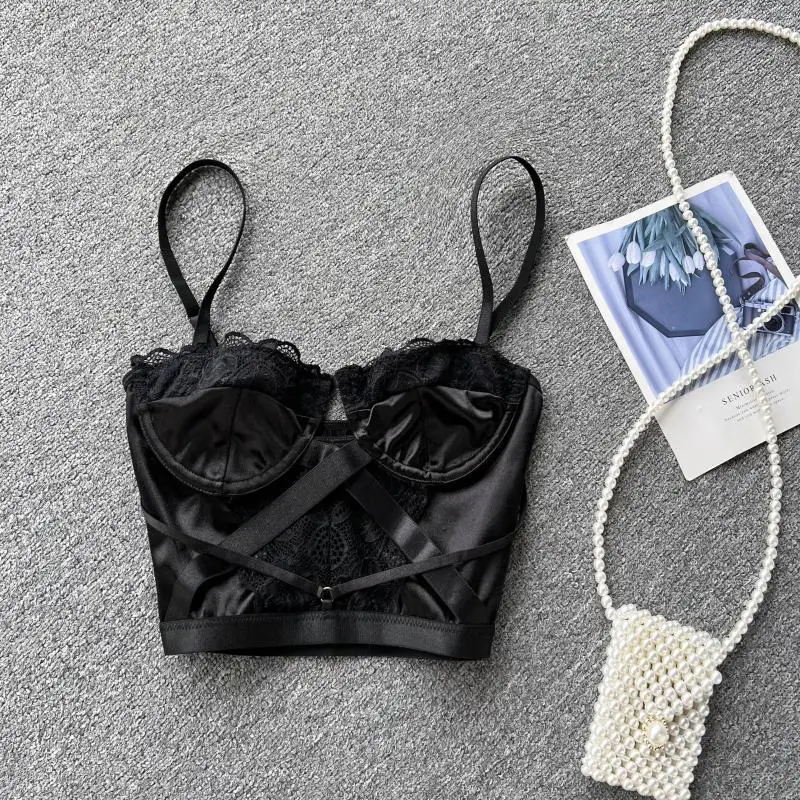 

Women's Splicing Lace Tank Tops Black Satin Cross Bandage Camis Summer Backless Hot Sweet Fashion Crop Top Sleeveless Corset Y2k