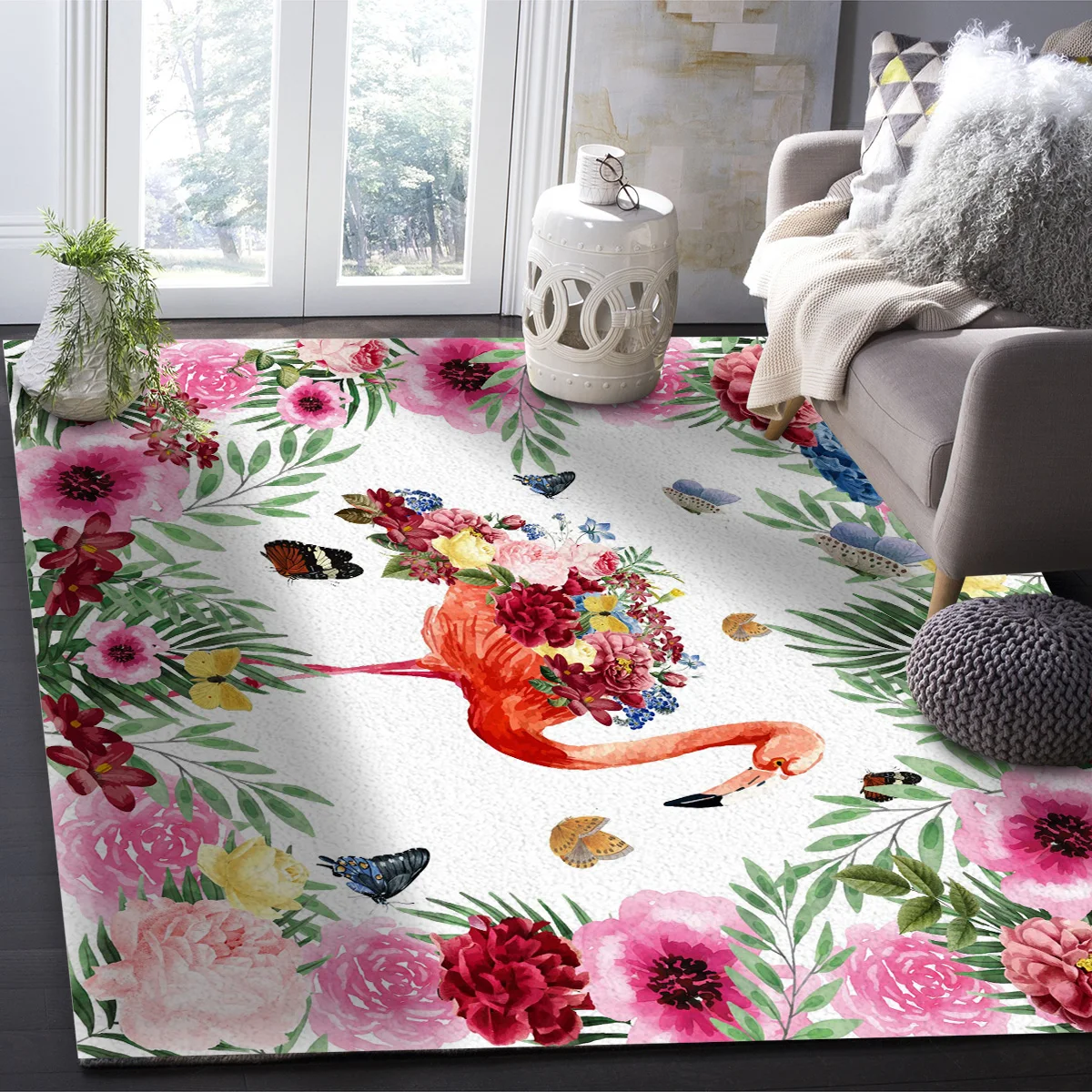 Тропический акварельный ковер с фламинго цветами бабочками декоративные